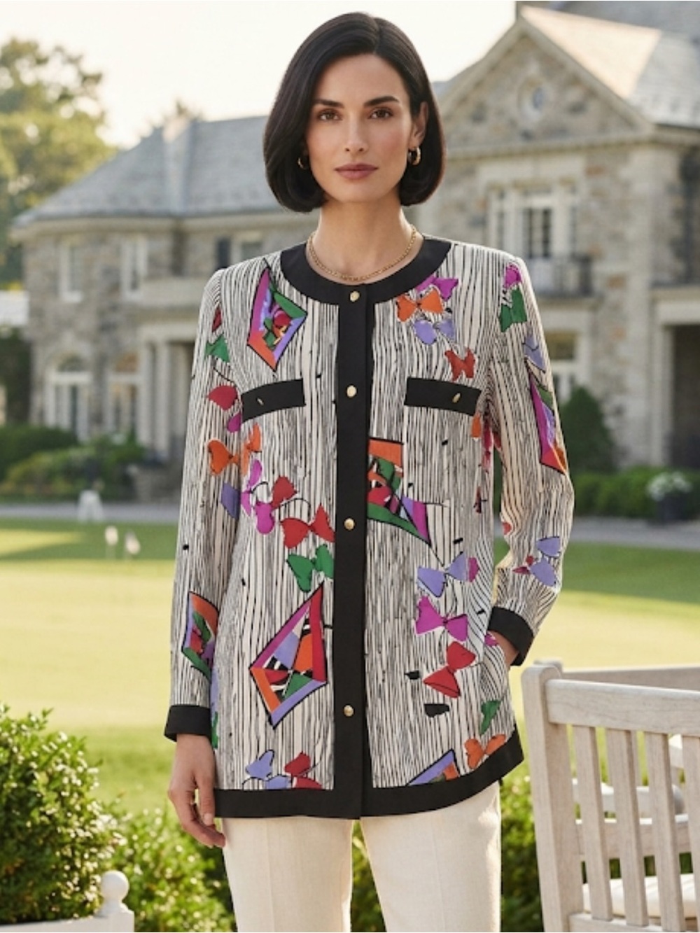 Vintage Louis Feraud Paris Pure Silk Geometric Print Blouse Jacket Tunic